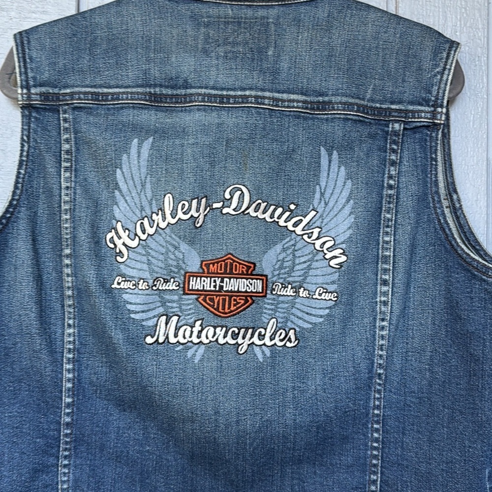 Harley-Davidson Blue Denim Jean Vest with White and Orange Logo - Picture 4 of 8